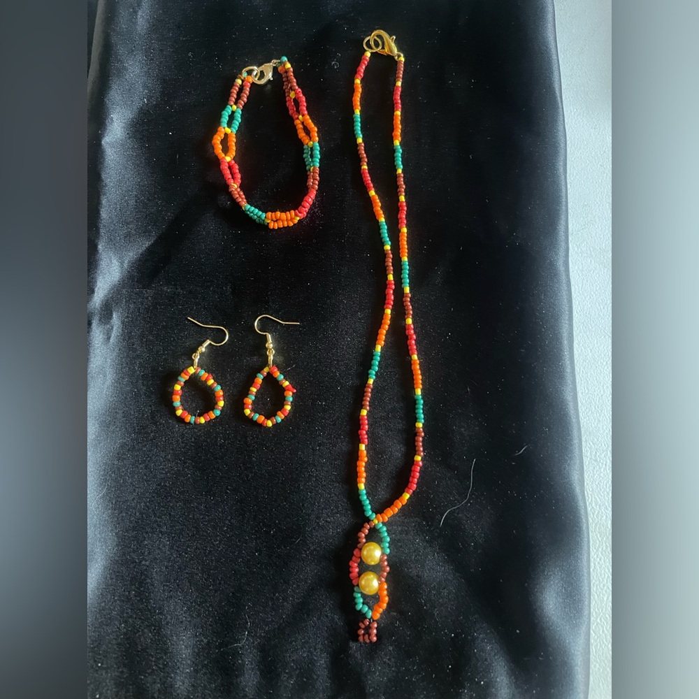 Colorful Beaded Necklace, Bracelet, and Earrings Set